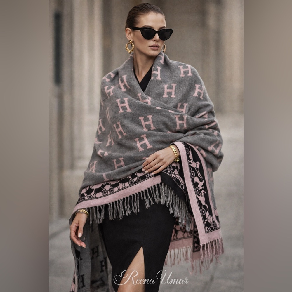 Monogram H Grey & Pink Fringe Throw Blanket / Scarf Wrap